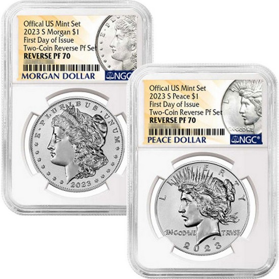 2023 S Morgan and Peace Silver Dollar Set Reverse PF70 FDI NGC Morgan Peace Dollar Label