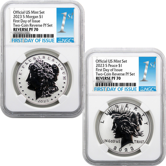 2023 S Morgan and Peace Silver Dollar Set Reverse PF70 FDI NGC 1st Label