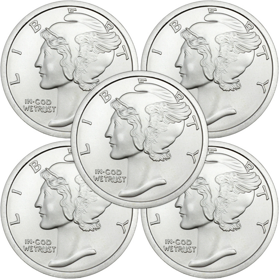 Mercury Dime Replica 2oz .999 Silver Medallion 5pc