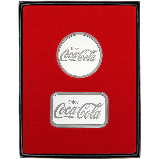 Coca-Cola 1oz .999 Silver Bar and Round 2pc Gift Set
