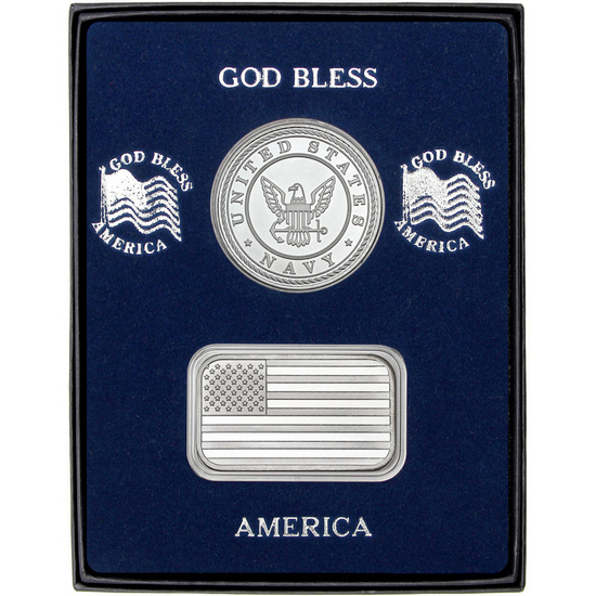 American Flag Silver Bar and US Navy Silver Medallion 2pc Gift Set
