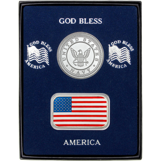 Enameled American Flag Silver Bar and US Navy Silver Medallion 2pc Gift Set