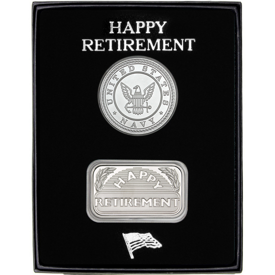 US Navy Silver Medallion and Happy Retirement Silver Bar 2pc Gift Set