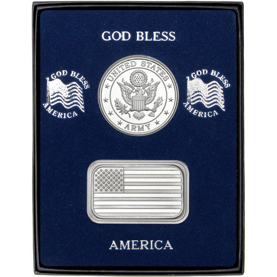 American Flag Silver Bar and US Army Silver Medallion 2pc Gift Set