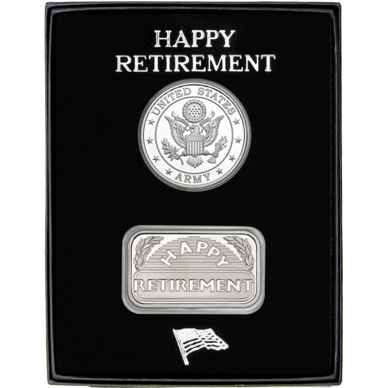US Army Silver Medallion and Happy Retirement Silver Bar 2pc Gift Set