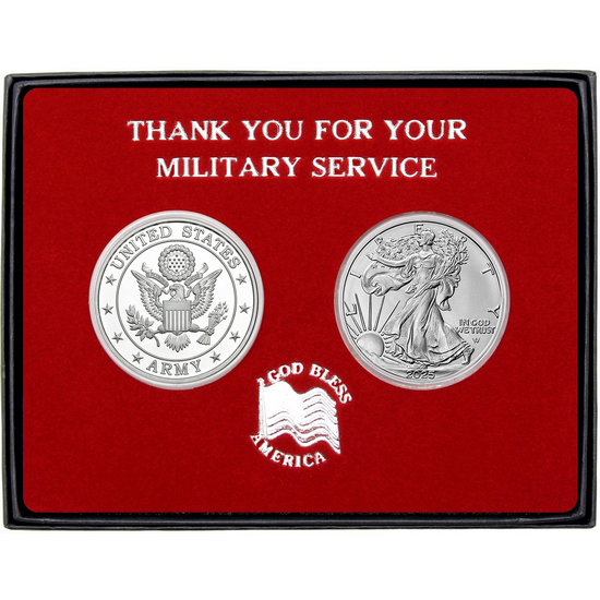 Military Service US Army Medallion and Silver American Eagle 2pc Gift Set