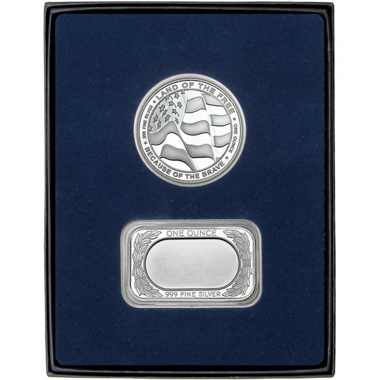 American Flag Silver Bar and Enameled US Army Silver Medallion 2pc Gift Set