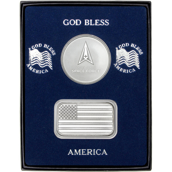 American Flag Silver Bar and US Space Force Silver Medallion 2pc Gift Set