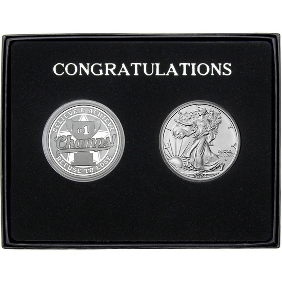Congratulations Champs! Silver Medallion and Silver American Eagle 2pc Gift Set