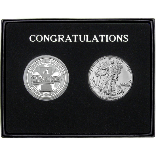 Congratulations Champs! Silver Medallion and Silver American Eagle 2pc Gift Set