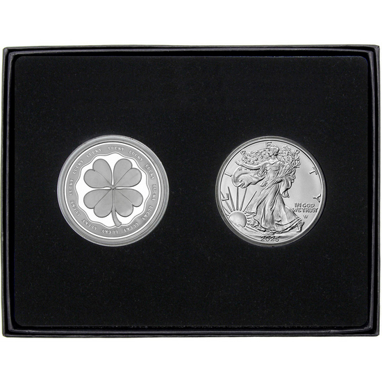 Lucky Four Leaf Clover Silver Medallion and Silver American Eagle 2pc Gift Set