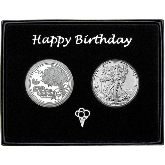 Birthday Wishes Silver Medallion and Silver American Eagle 2pc Gift Set