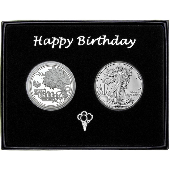 Birthday Wishes Silver Medallion and Silver American Eagle 2pc Gift Set