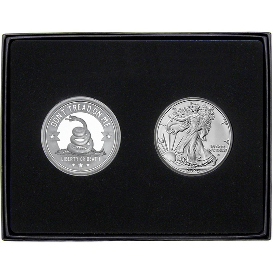 Don't Tread on Me Silver Medallion and Silver American Eagle 2pc Gift Set