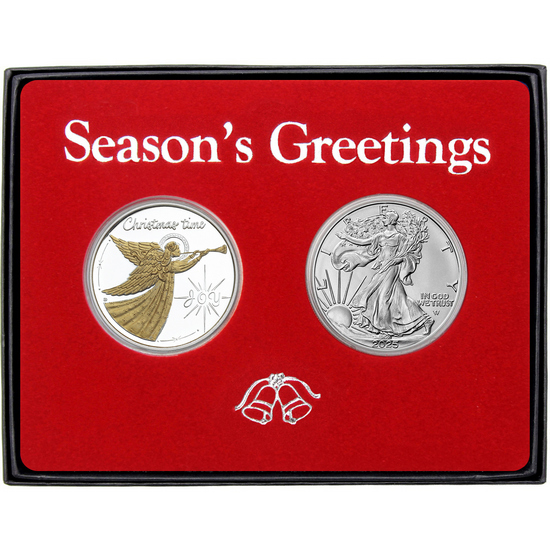 Season's Greetings Joy Angel Gold Enamel Silver Round and Silver American Eagle 2pc Box Gift Set