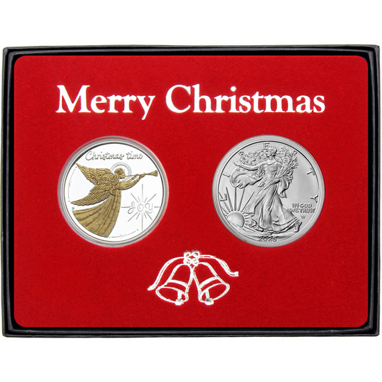 Merry Christmas Joy Angel Gold Enamel Silver Round and Silver American Eagle 2pc Box Gift Set