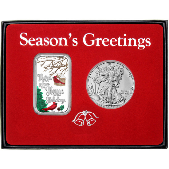 Season's Greetings Holiday Cardinals Enameled Silver Bar and Silver American Eagle 2pc Box Gift Set
