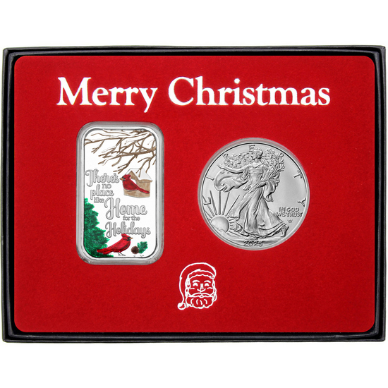No Place Like Home Holiday Cardinals Enameled Silver Bar and Silver American Eagle 2pc Box Gift Set