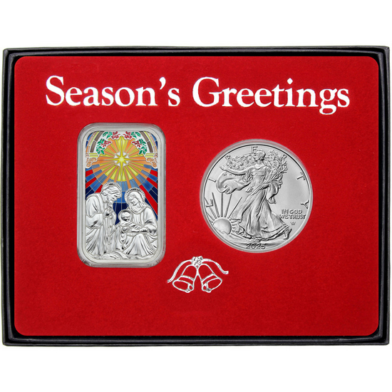 Season's Greetings Mary, Joseph and Baby Jesus Nativity Scene Enameled Silver Bar and Silver American Eagle 2pc Box Gift Set