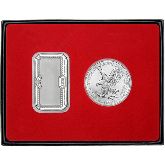 Season's Greetings Mary, Joseph and Baby Jesus Nativity Scene Enameled Silver Bar and Silver American Eagle 2pc Box Gift Set Season's Greetings Mary, Joseph and Baby Jesus Nativity Scene Enameled Silver Bar and Silver American Eagle 2pc Box Gift Set