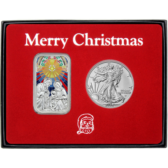 Merry Christmas Mary, Joseph and Baby Jesus Nativity Scene Enameled Silver Bar and Silver American Eagle 2pc Box Gift Set