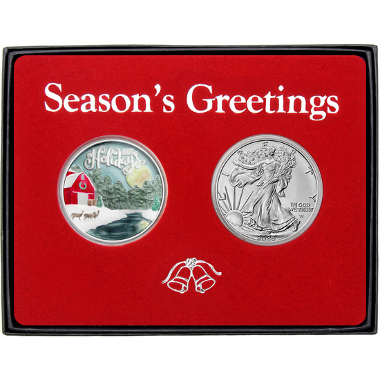 Season's Greetings Moonlit Creek Country Farm Enameled Silver Round and Silver American Eagle 2pc Box Gift Set