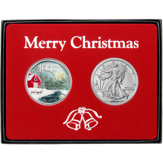 Merry Christmas Moonlit Creek Country Farm Enameled Silver Round and Silver American Eagle 2pc Box Gift Set