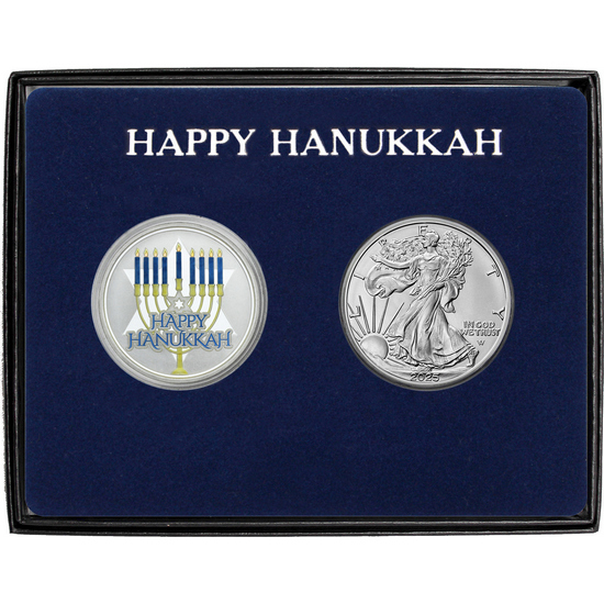 Happy Hanukkah Enameled Silver Medallion and Silver American Eagle 2pc Box Gift Set