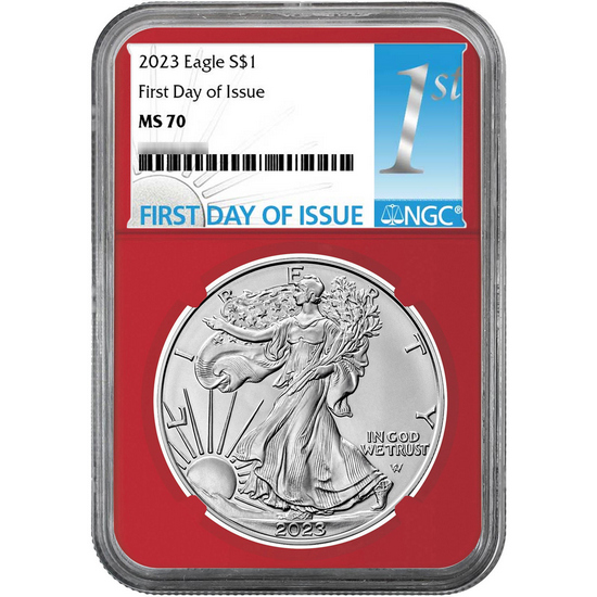 2023 Silver American Eagle MS70 FDI NGC 1st Label Red, White & Blue Core 3pc Set in Red NGC Box 2023 Silver American Eagle MS70 FDI NGC 1st Label Red, White & Blue Core 3pc Set in Red NGC Box