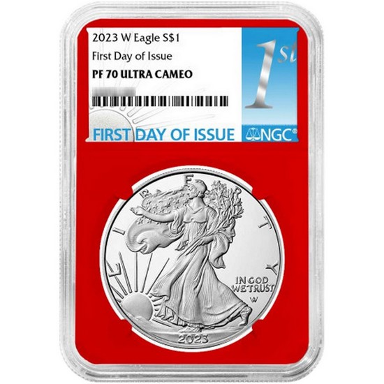 2023 W Silver American Eagle PF70 UC FDI NGC 1st Label Red, White & Blue Core 3pc Set in Red NGC Box 2023 W Silver American Eagle PF70 UC FDI NGC 1st Label Red, White & Blue Core 3pc Set in Red NGC Box