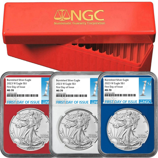 2023 W Burnished Silver American Eagle MS70 Red, White and Blue Core NGC First Day Issue Labels 3pc with Red NGC Storage Box