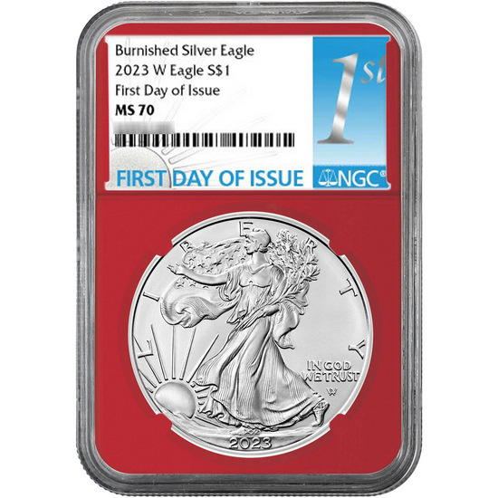 2023 W Burnished Silver American Eagle MS70 Red, White and Blue Core NGC First Day Issue Labels 3pc with Red NGC Storage Box 2023 W Burnished Silver American Eagle MS70 Red, White and Blue Core NGC First Day Issue Labels 3pc with Red NGC Storage Box