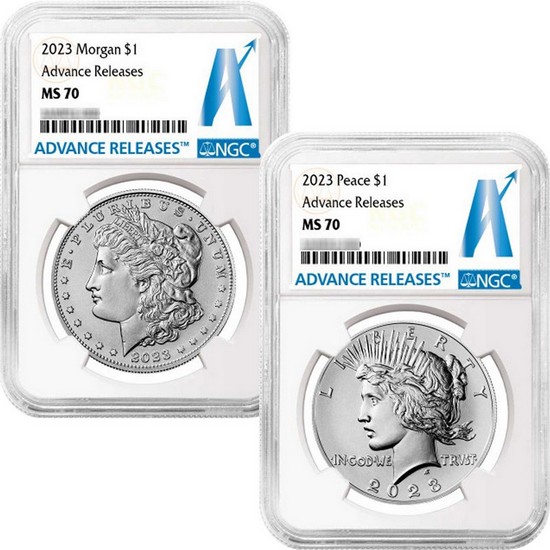 2023 Morgan and Peace Silver Dollar Set MS70 Advance Releases NGC AR Label