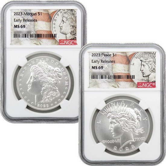 2023 Morgan and Peace Silver Dollar Set MS69 Early Releases NGC Flag Label