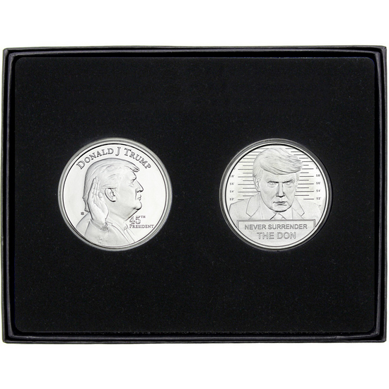 Donald Trump 45 President & Never Surrender Silver Medallion 2pc Gift Set