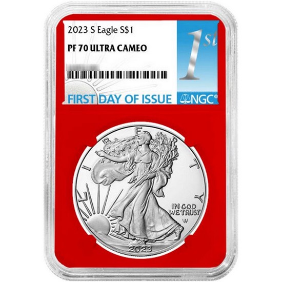2023 S Silver American Eagle PF70 UC FDI NGC 1st Label Red, White & Blue Core 3pc Set in Red NGC Box 2023 S Silver American Eagle PF70 UC FDI NGC 1st Label Red, White & Blue Core 3pc Set in Red NGC Box