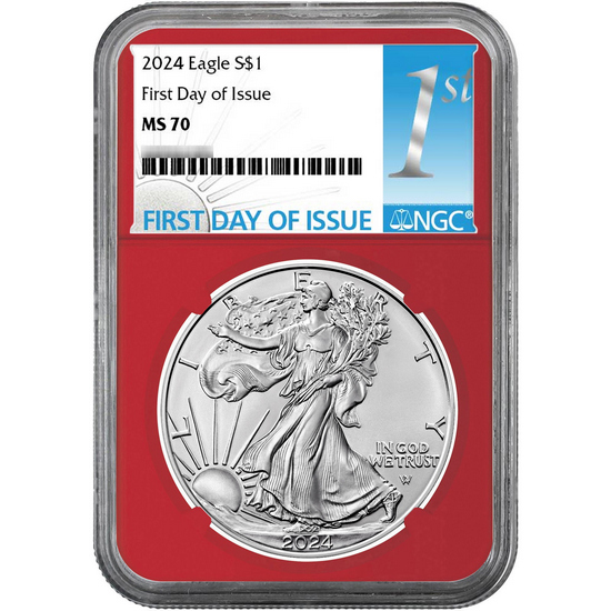 2024 Silver American Eagle MS70 FDI NGC 1st Label Red, White & Blue Core 3pc Set in Red NGC Box 2024 Silver American Eagle MS70 FDI NGC 1st Label Red, White & Blue Core 3pc Set in Red NGC Box