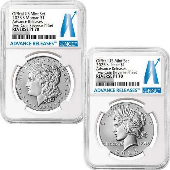 2025 S Morgan and Peace Silver Dollar Set Reverse PF70 UC AR NGC Advance Releases Label