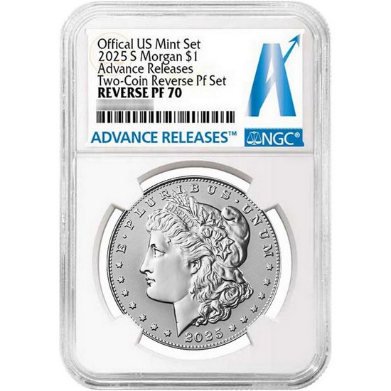 2025 S Morgan and Peace Silver Dollar Set Reverse PF70 UC AR NGC Advance Releases Label