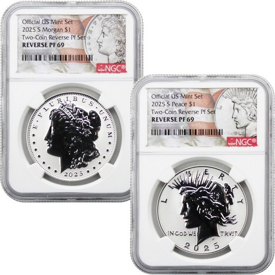 2025 S Morgan and Peace Silver Dollar Set Reverse PF69 UC NGC Morgan/Peace Flag Label