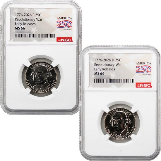 2026 P & D Semiuincentennial Quarters Mayflower Compact 2pc Set MS66 ER NGC America 250 Label