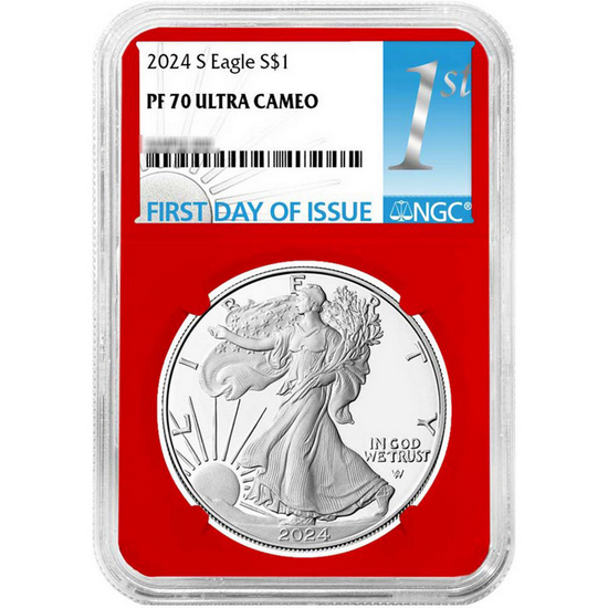 2024 S Silver American Eagle PF70 UC FDI NGC 1st Label Red, White & Blue Core 3pc Set in Red NGC Box 2024 S Silver American Eagle PF70 UC FDI NGC 1st Label Red, White & Blue Core 3pc Set in Red NGC Box