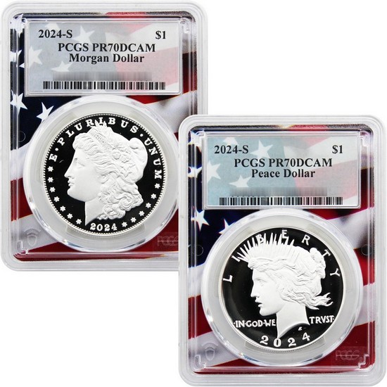 2024 S Morgan and Peace Silver Dollar Set PR70 DCAM PCGS Flag Picture Frame
