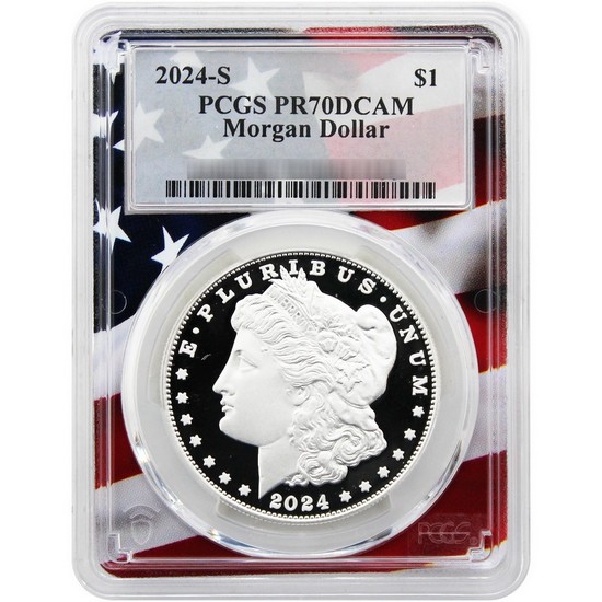 2024 S Morgan and Peace Silver Dollar Set PR70 DCAM PCGS Flag Picture Frame