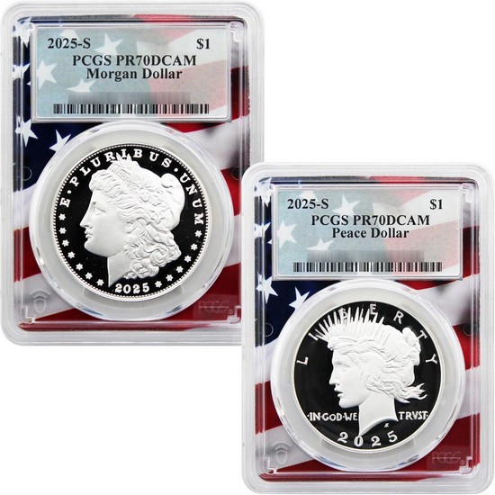 2025 S Morgan and Peace Silver Dollar Set PR70 DCAM PCGS Flag Picture Frame