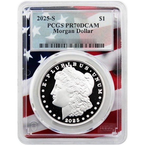 2025 S Morgan and Peace Silver Dollar Set PR70 DCAM PCGS Flag Picture Frame