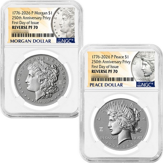 1776-2026 Reverse Proof Morgan and Peace Silver Dollar Set 250th Anniversary Liberty Bell Privy NGC