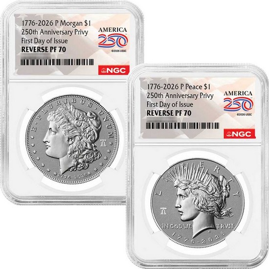 1776-2026 Reverse Proof Morgan and Peace Silver Dollar Set 250th Anniversary Liberty Bell Privy NGC