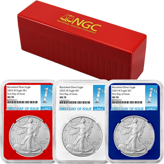 2025 W Burnished Silver American Eagle MS70 Red, White and Blue Core NGC FDI Labels 3pc with Red NGC Storage Box