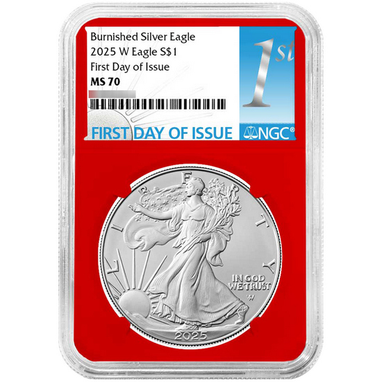 2025 W Burnished Silver American Eagle MS70 Red, White and Blue Core NGC FDI Labels 3pc with Red NGC Storage Box 2025 W Burnished Silver American Eagle MS70 Red, White and Blue Core NGC FDI Labels 3pc with Red NGC Storage Box